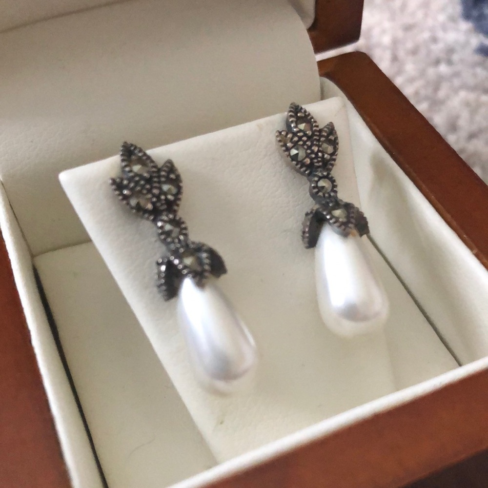 Marcasite and Pearl Drop Earrings